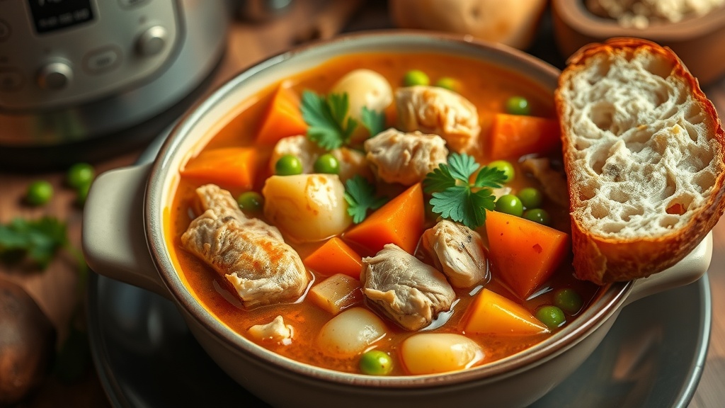 Hearty Chicken Stew Recipe A bowl of chicken stew with chicken, potatoes, carrots, and peas garnished with parsley, alongside a rustic slice of bread.